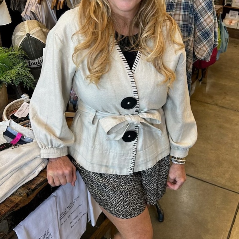 Zara NWT light beige and black contrast button front linen tie belted cardigan - Picture 3 of 10